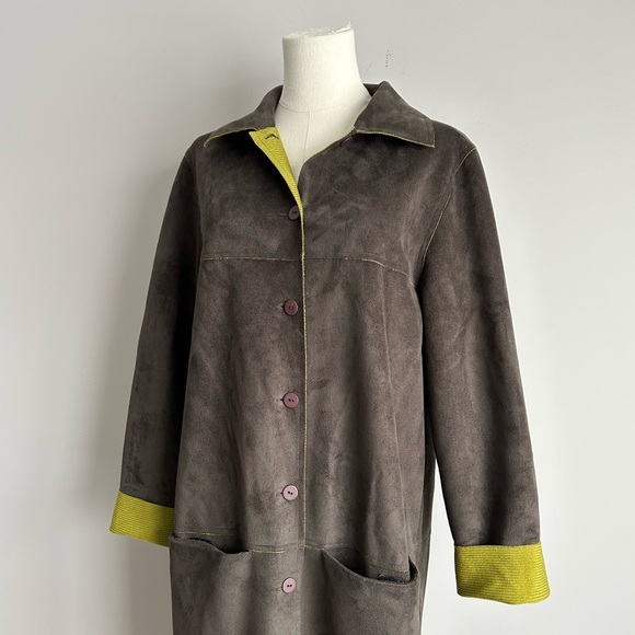 Vintage 90s Y2k Olive Green Faux Suede Long Coat Womens M Worlds Apart - Picture 5 of 5